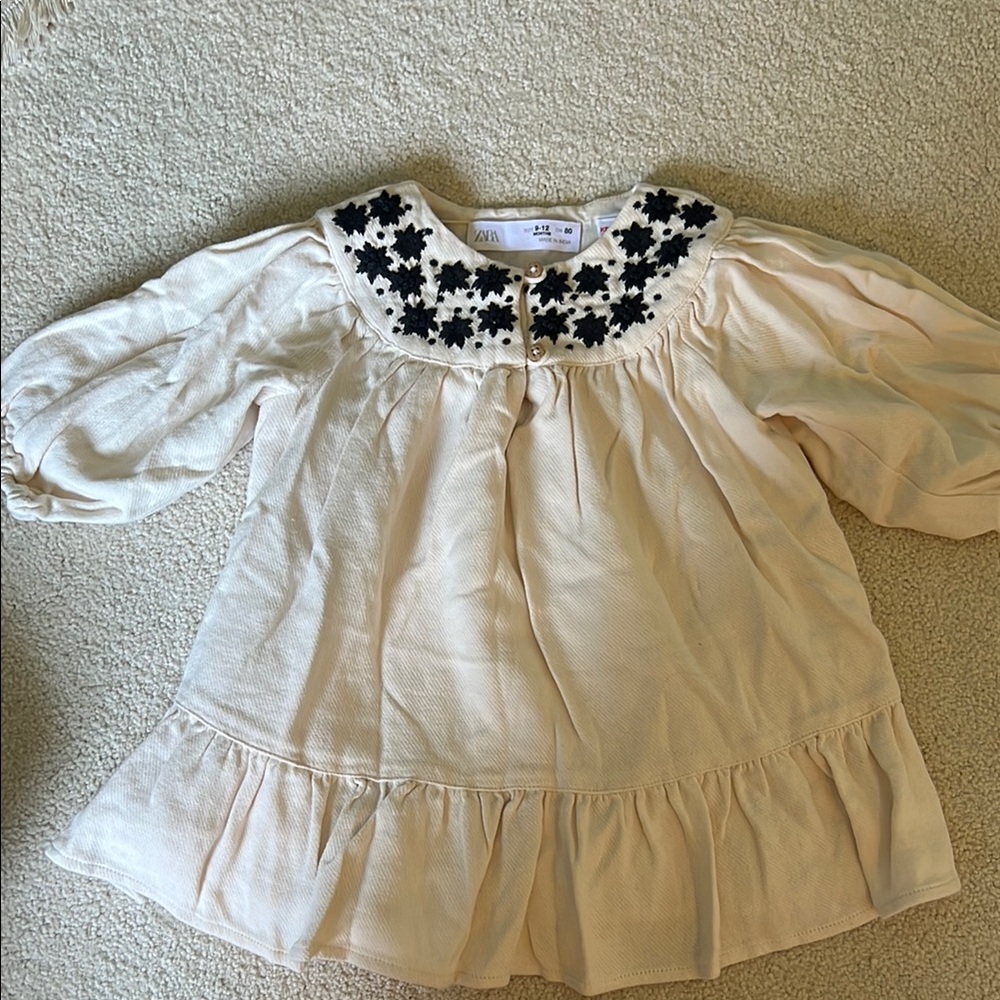 Zara Cream Dress with Black/Dark Navy Floral Embroidery